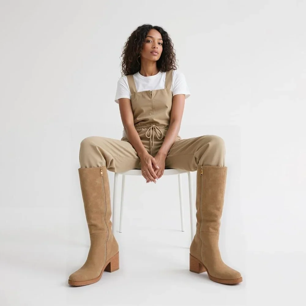 Women's Suede Camel Chunky Heel Round Zipper Winter Dress Tall Knee High Boots